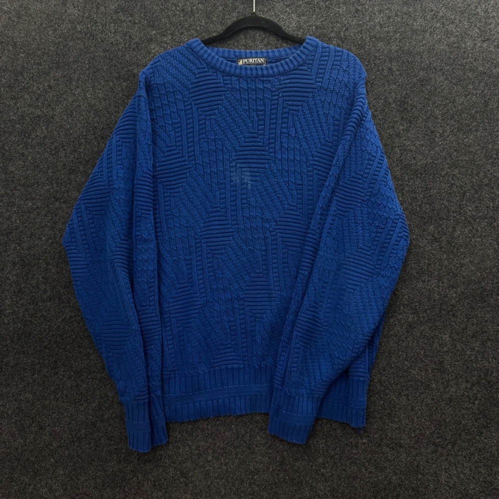 Vintage Puritan 90s Blue Cotton Geometric Texture Knit Sweater Mens XL USA Made